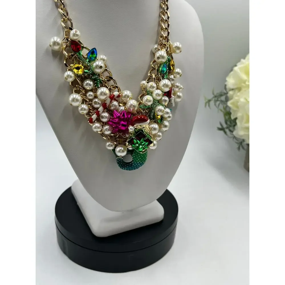 Betsey Johnson Santa‎ Mermaid Candy Cane Drama Christmas Xmas Statement Necklace